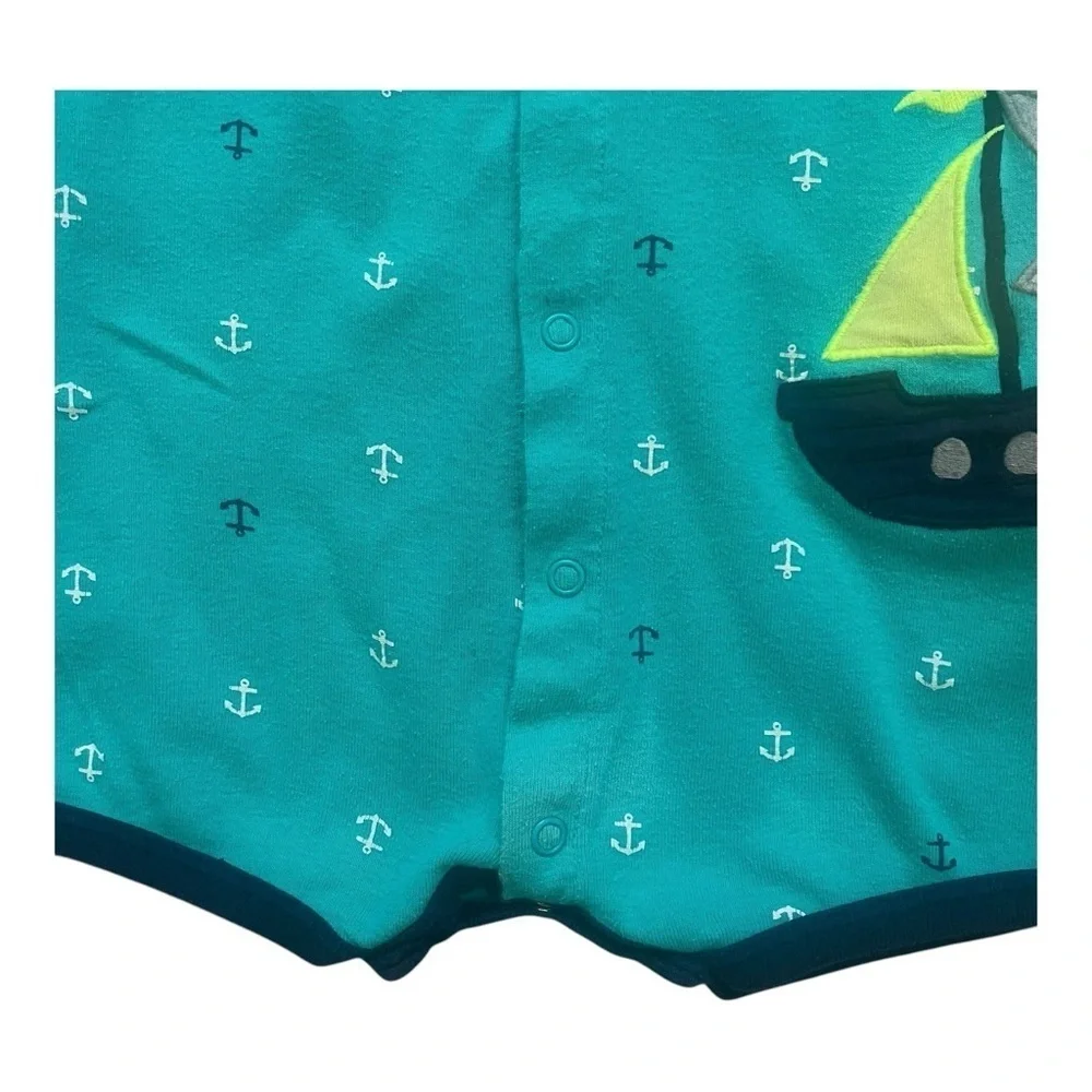 Carter’s green anchor print boat embroidered one piece boy 12M Front snap